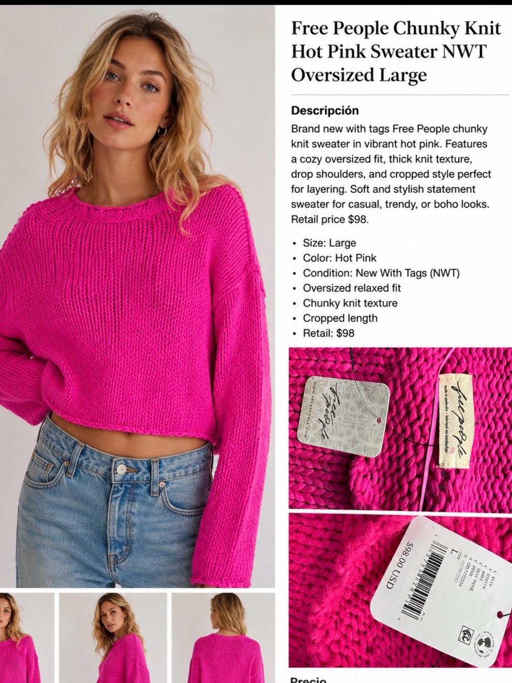 Free People Chunky Knit Hot Pink Sweater NWT Oversized Large